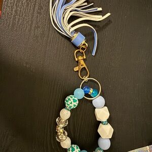 Blue and White Beaded Keychain with Tassel